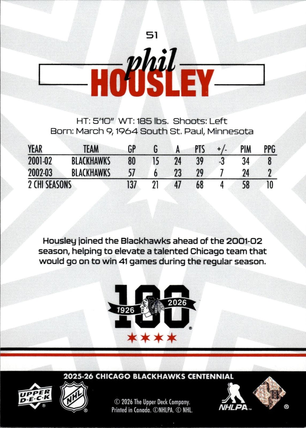 Phil Housley 2025-26 Upper Deck Chicago Blackhawks Centennial #51 Blackhawks