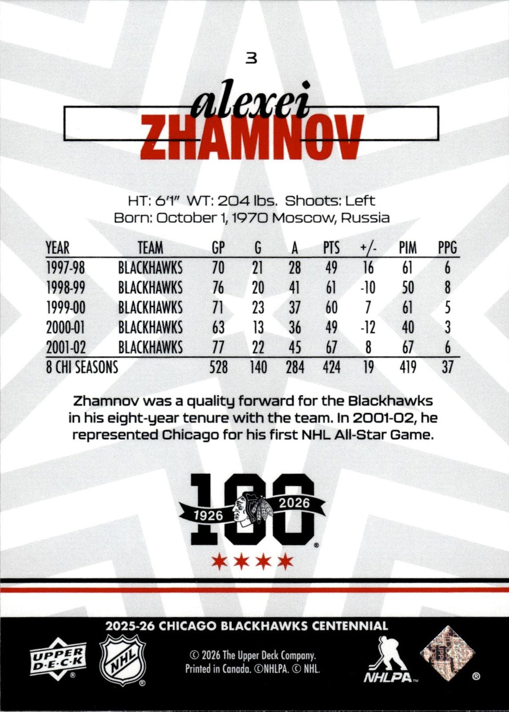 Alexei Zhamnov 2025-26 Upper Deck Chicago Blackhawks Centennial #3 Blackhawks