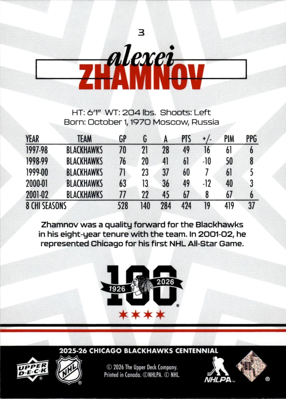 Alexei Zhamnov 2025-26 Upper Deck Chicago Blackhawks Centennial #3 Blackhawks