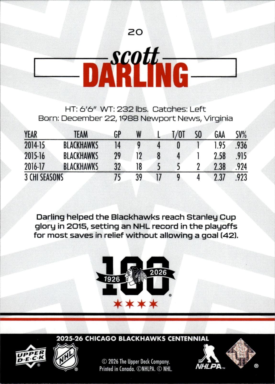 Scott Darling 2025-26 Upper Deck Chicago Blackhawks Centennial #20 Blackhawks