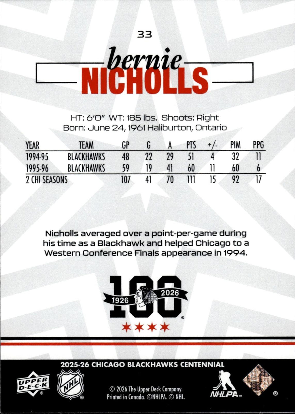 Bernie Nicholls 2025-26 Upper Deck Chicago Blackhawks Centennial #33 Blackhawks