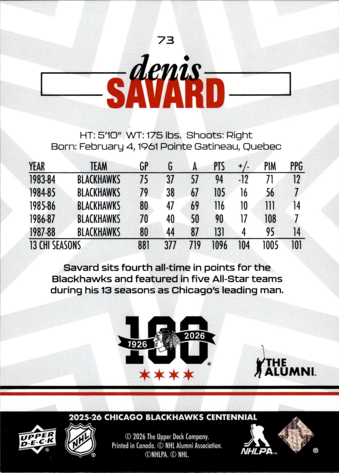 Denis Savard 2025-26 Upper Deck Chicago Blackhawks Centennial #73 Blackhawks