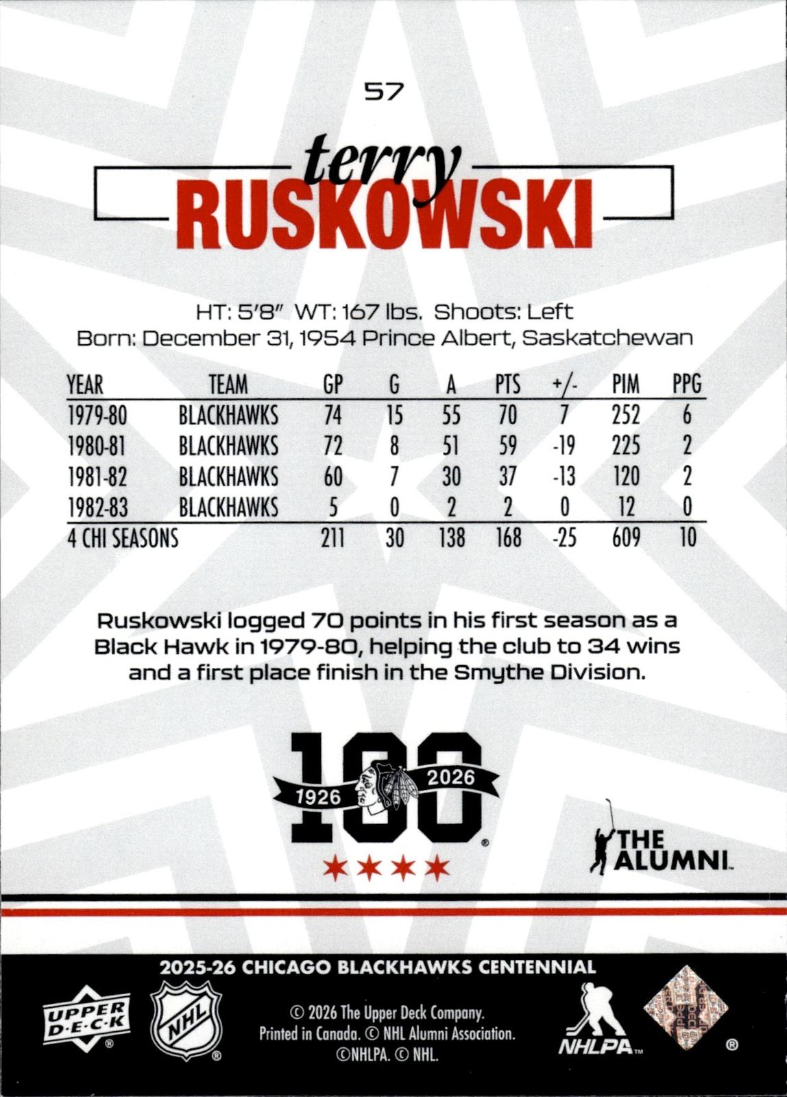 Terry Ruskowski 2025-26 Upper Deck Chicago Blackhawks Centennial #57 Blackhawks