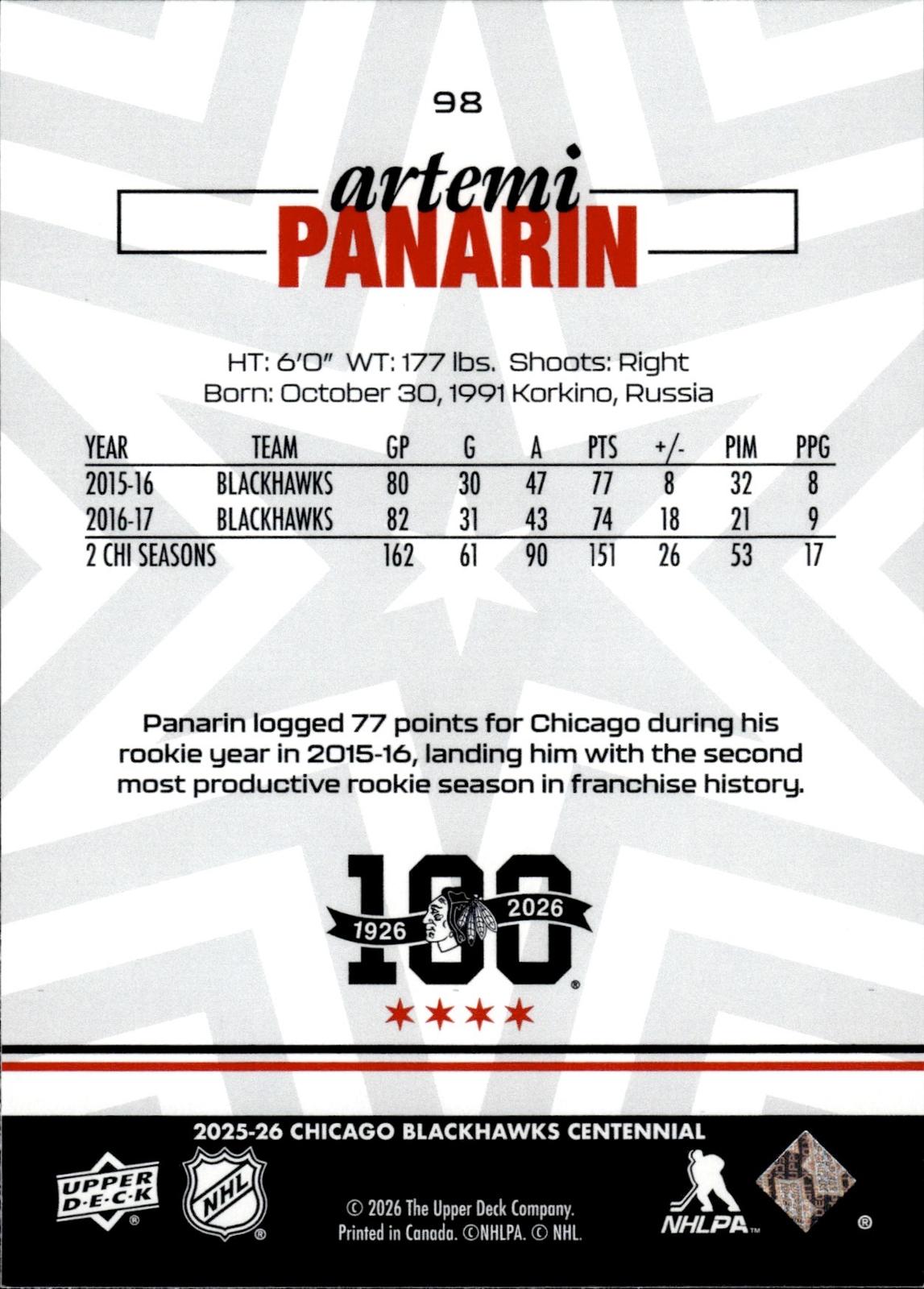 Artemi Panarin 2025-26 Upper Deck Chicago Blackhawks Centennial #98 Blackhawks