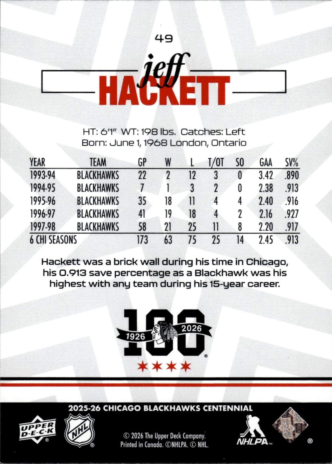 Jeff Hackett 2025-26 Upper Deck Chicago Blackhawks Centennial #49 Blackhawks