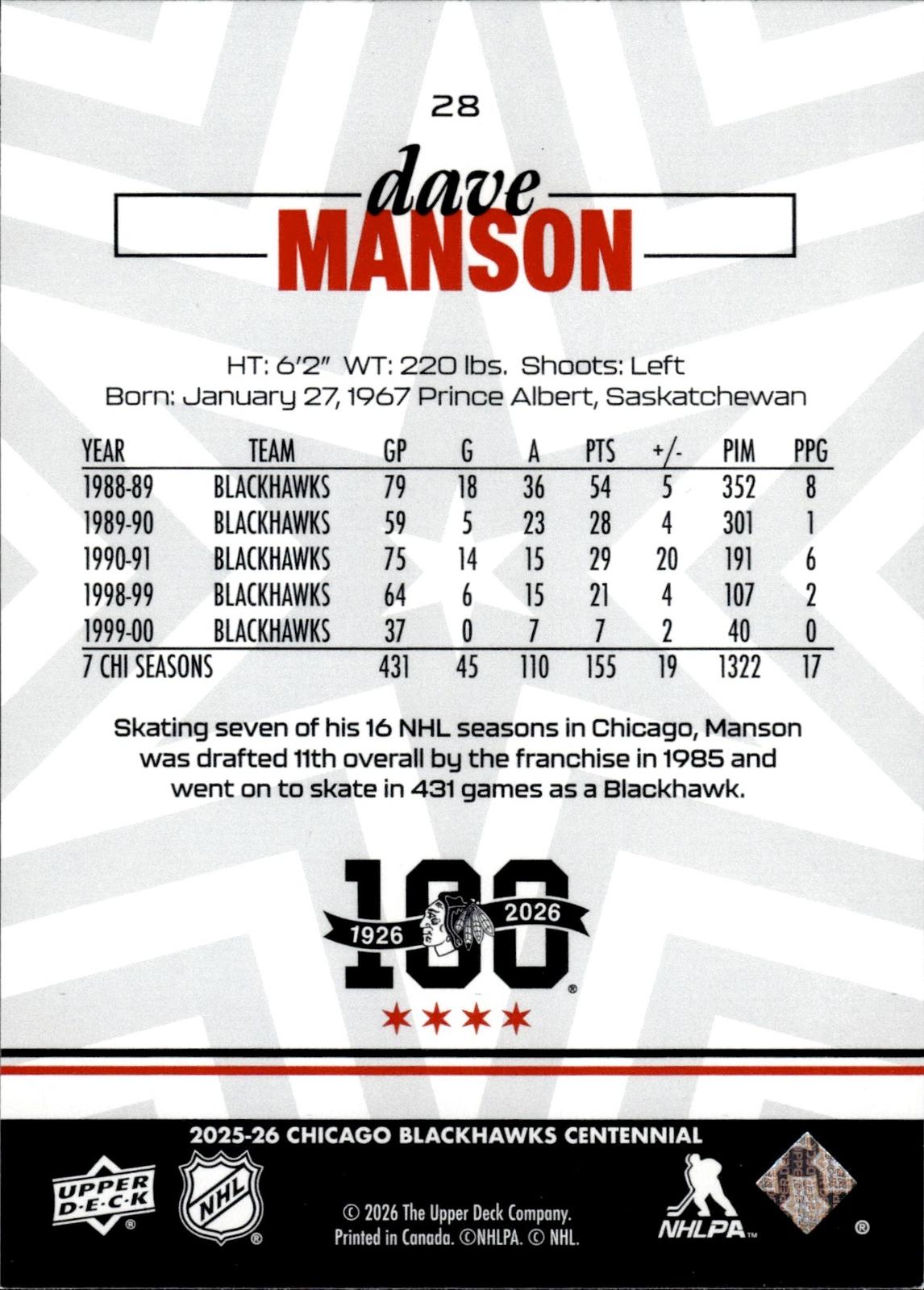 Dave Manson 2025-26 Upper Deck Chicago Blackhawks Centennial #28 Blackhawks
