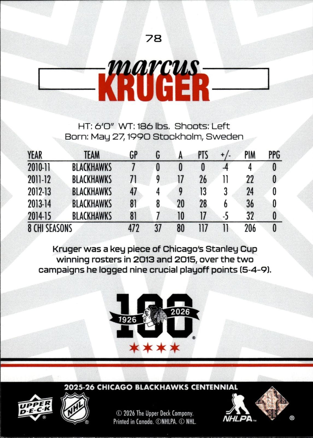 Marcus Kruger 2025-26 Upper Deck Chicago Blackhawks Centennial #78 Blackhawks