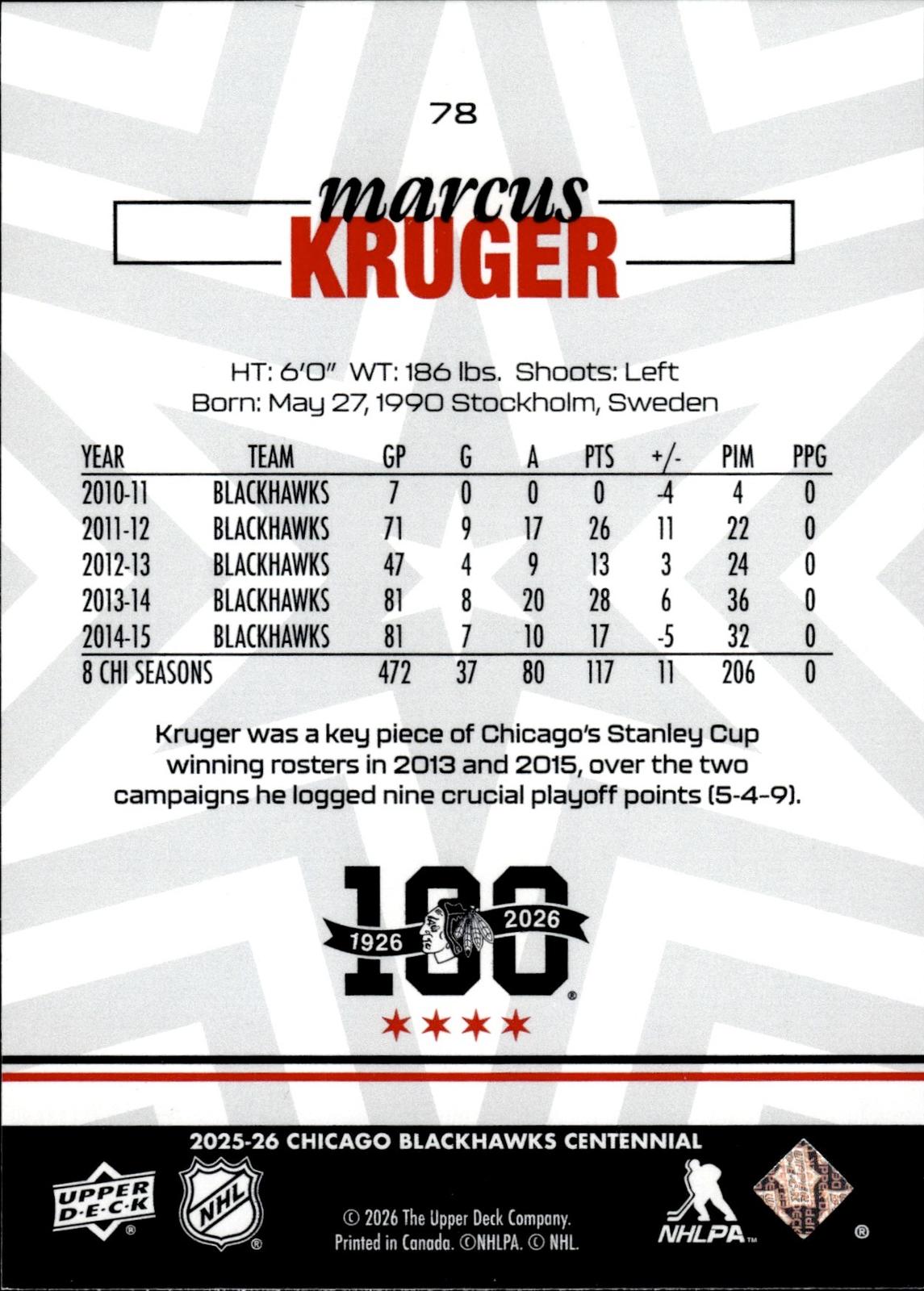 Marcus Kruger 2025-26 Upper Deck Chicago Blackhawks Centennial #78 Blackhawks