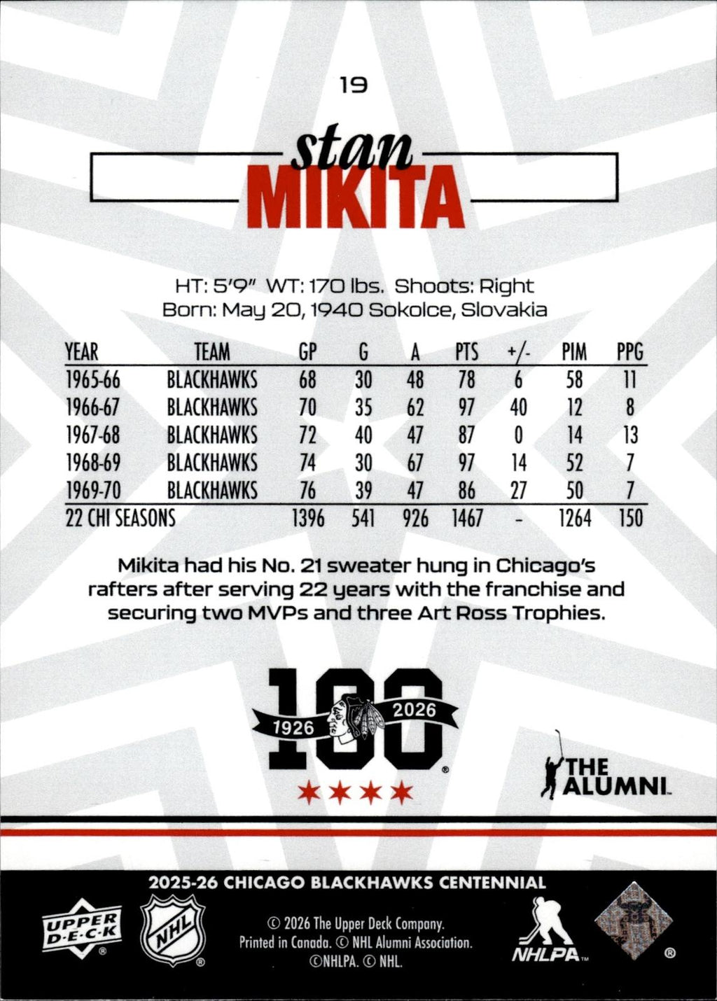 Stan Mikita 2025-26 Upper Deck Chicago Blackhawks Centennial #19 Blackhawks