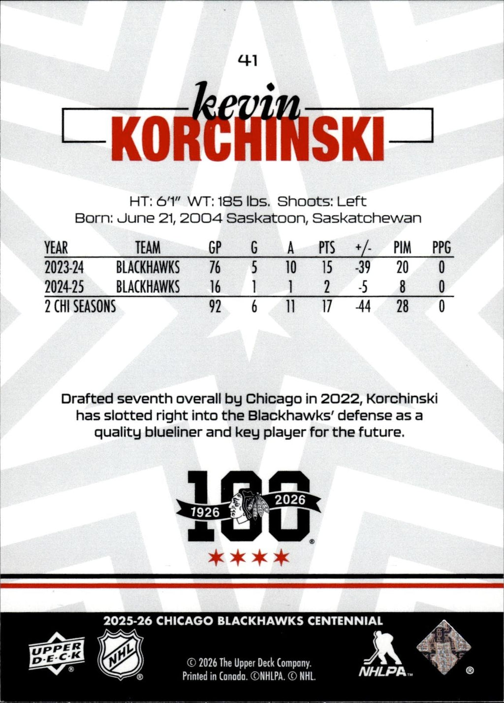 Kevin Korchinski 2025-26 Upper Deck Chicago Blackhawks Centennial #41 Blackhawks