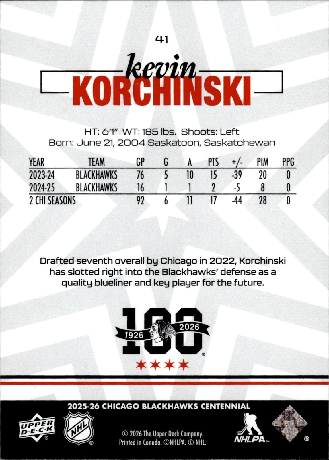 Kevin Korchinski 2025-26 Upper Deck Chicago Blackhawks Centennial #41 Blackhawks