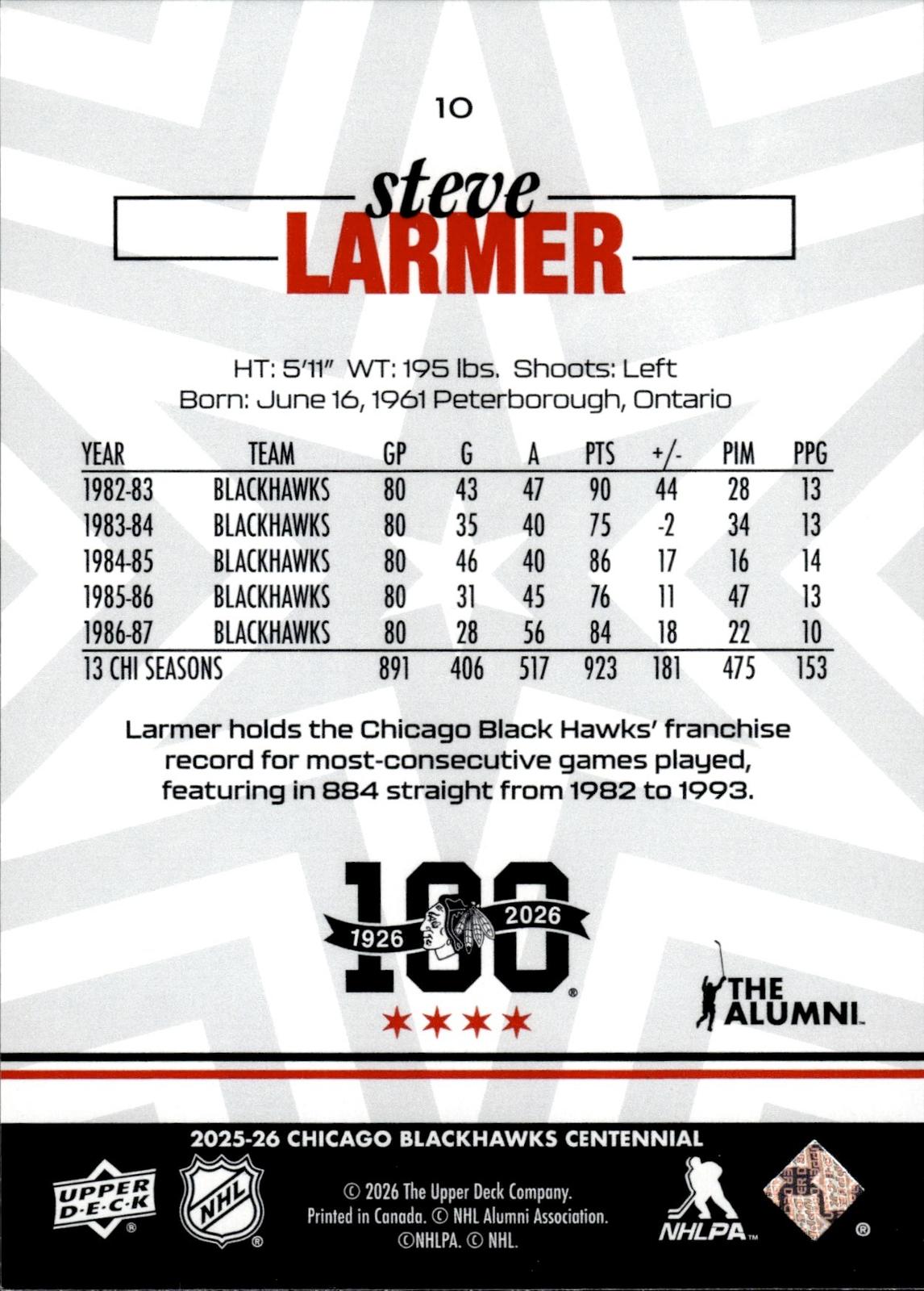 Steve Larmer 2025-26 Upper Deck Chicago Blackhawks Centennial #10 Blackhawks