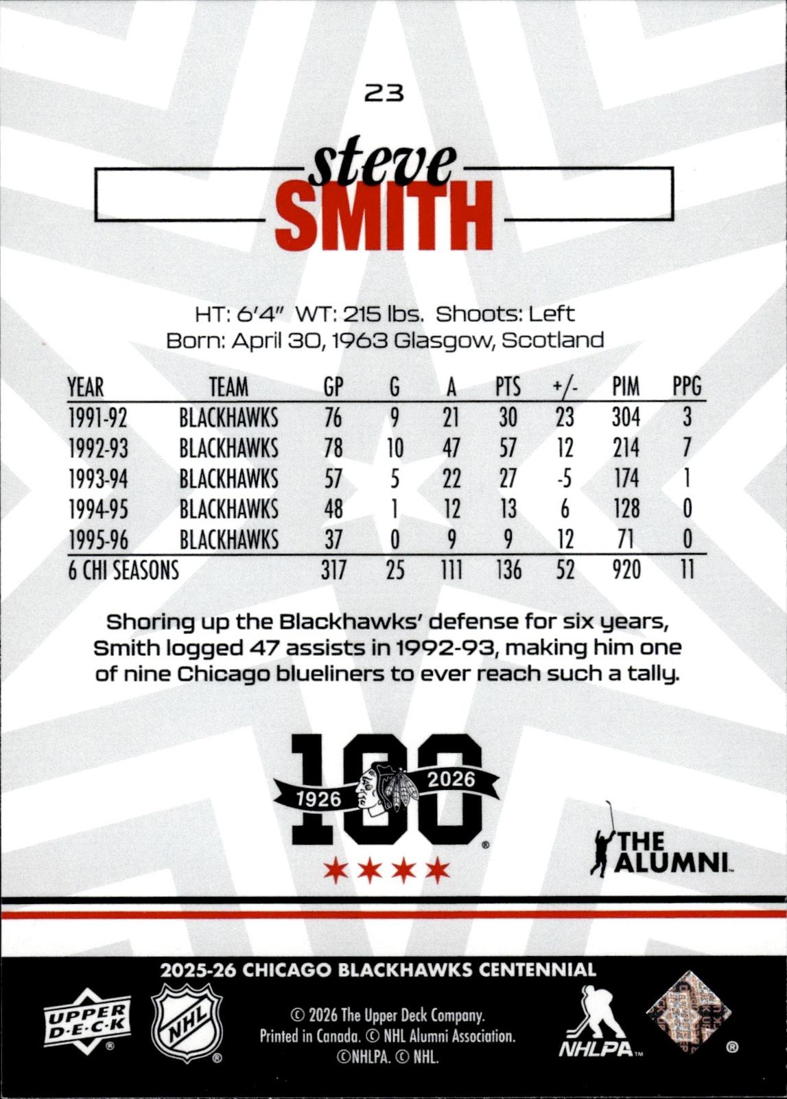 Steve Smith 2025-26 Upper Deck Chicago Blackhawks Centennial #23 Blackhawks