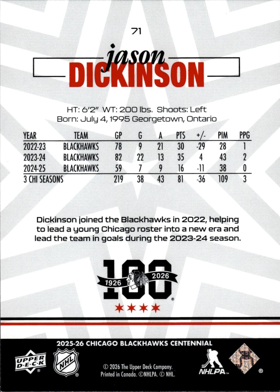 Jason Dickinson 2025-26 Upper Deck Chicago Blackhawks Centennial #71 Blackhawks
