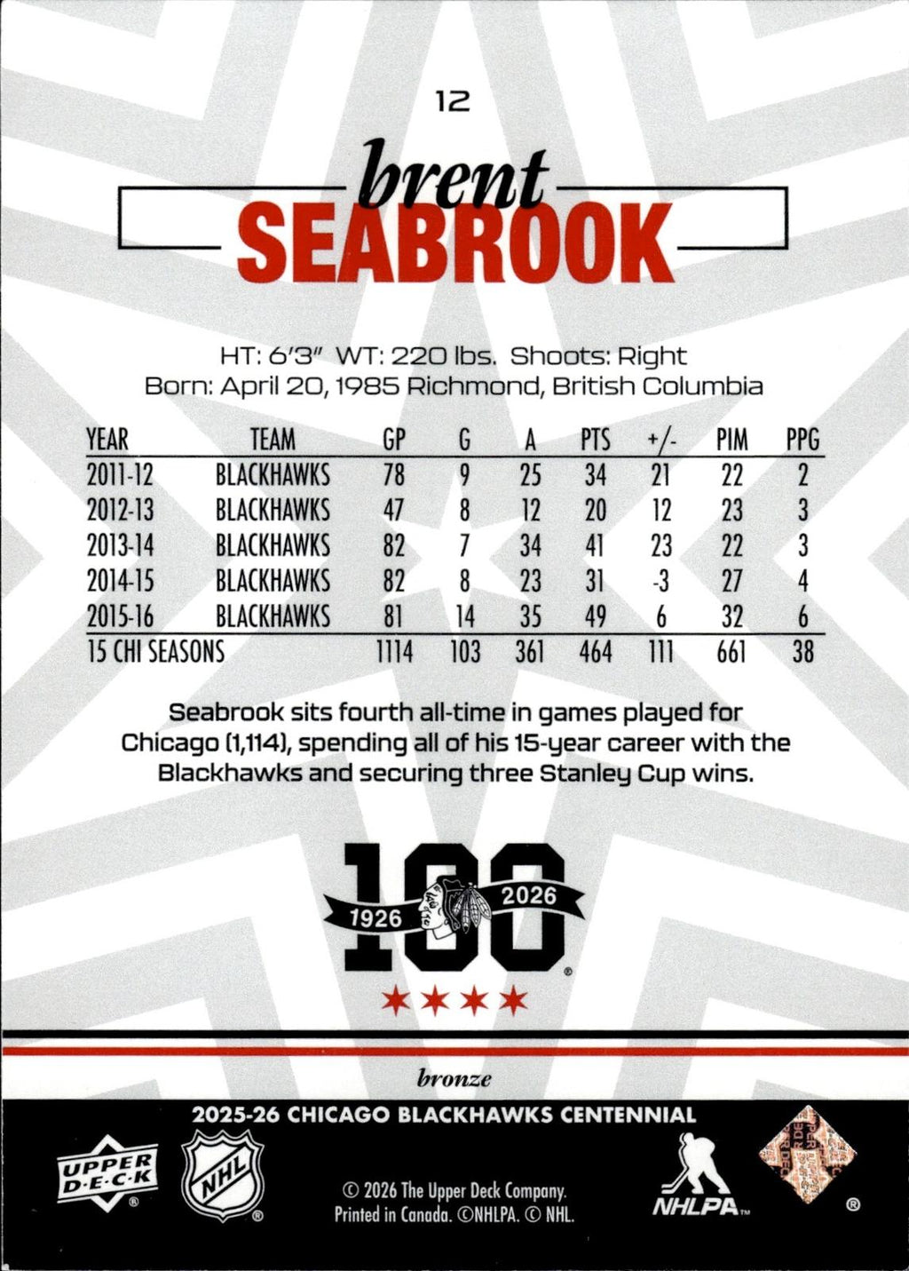 Brent Seabrook 2025-26 Upper Deck Chicago Blackhawks Centennial #12 Bronze