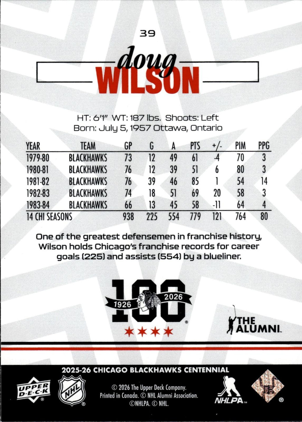 Doug Wilson 2025-26 Upper Deck Chicago Blackhawks Centennial #39 Blackhawks