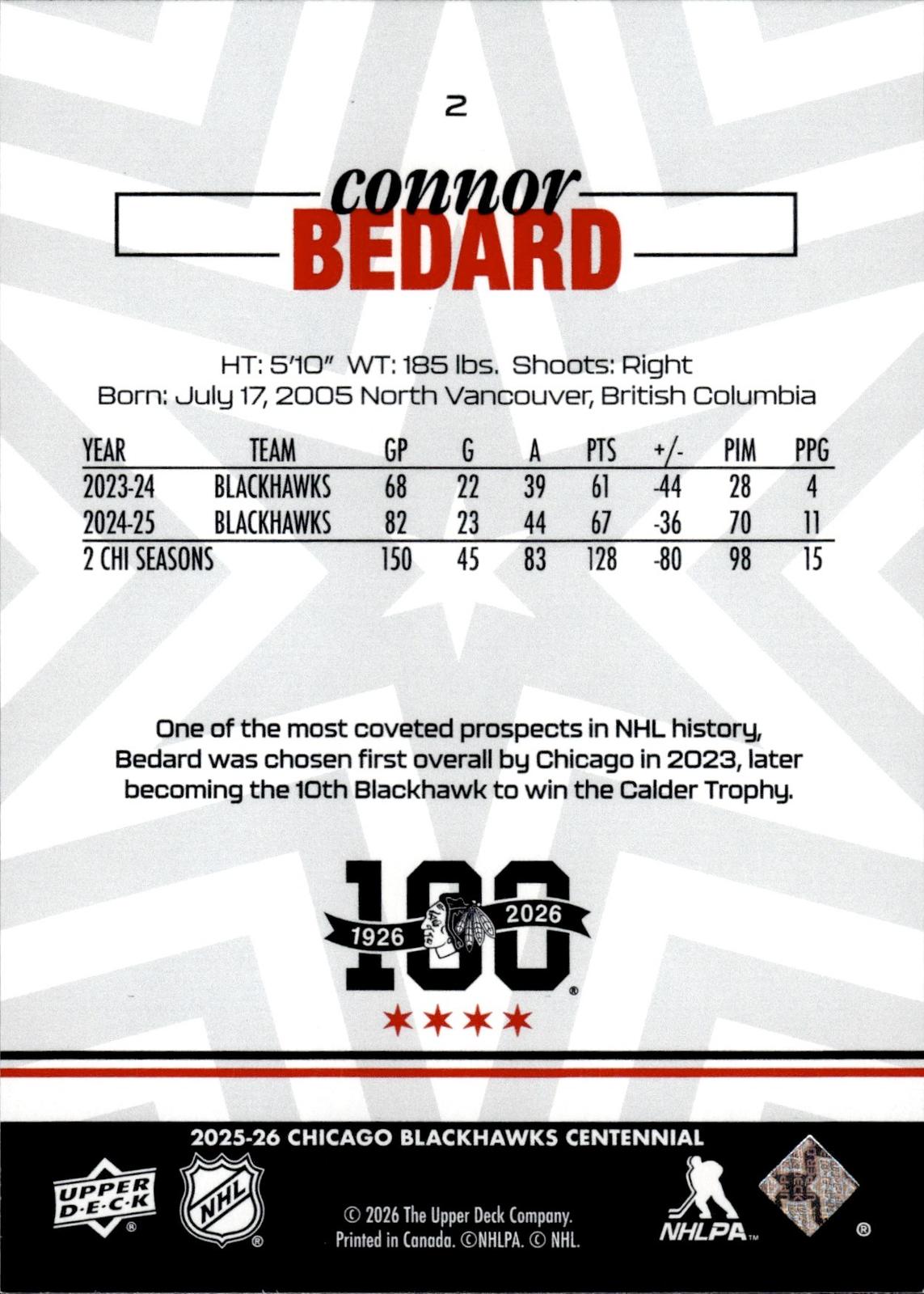 Connor Bedard 2025-26 Upper Deck Chicago Blackhawks Centennial #2 Blackhawks