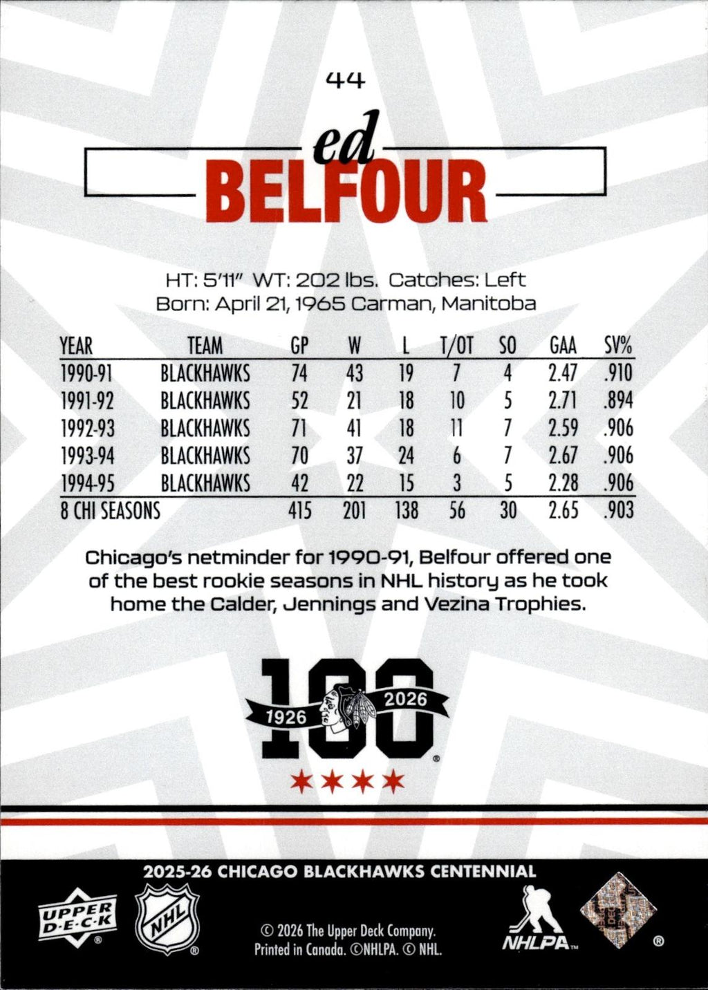 Ed Belfour 2025-26 Upper Deck Chicago Blackhawks Centennial #44 Blackhawks