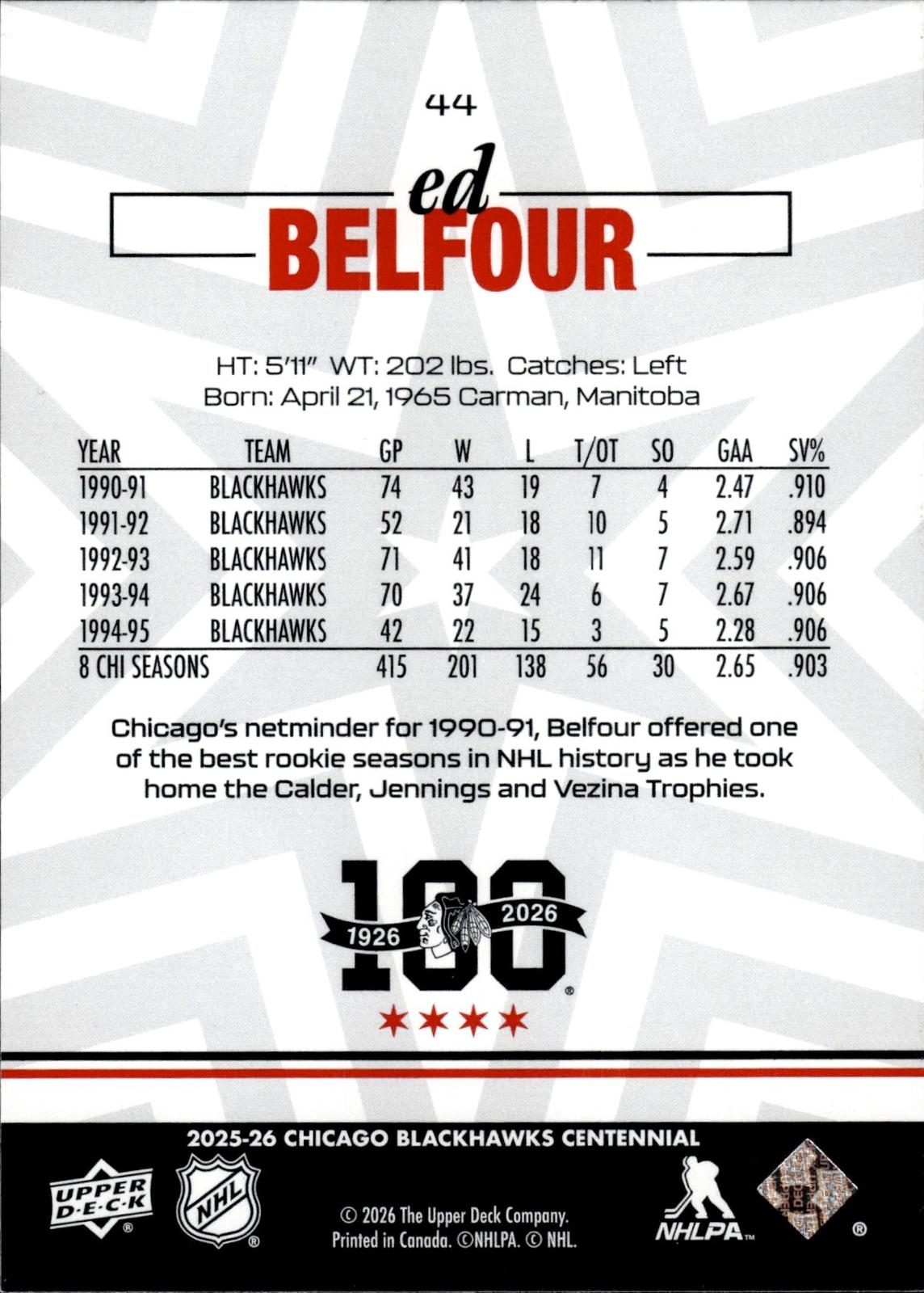 Ed Belfour 2025-26 Upper Deck Chicago Blackhawks Centennial #44 Blackhawks