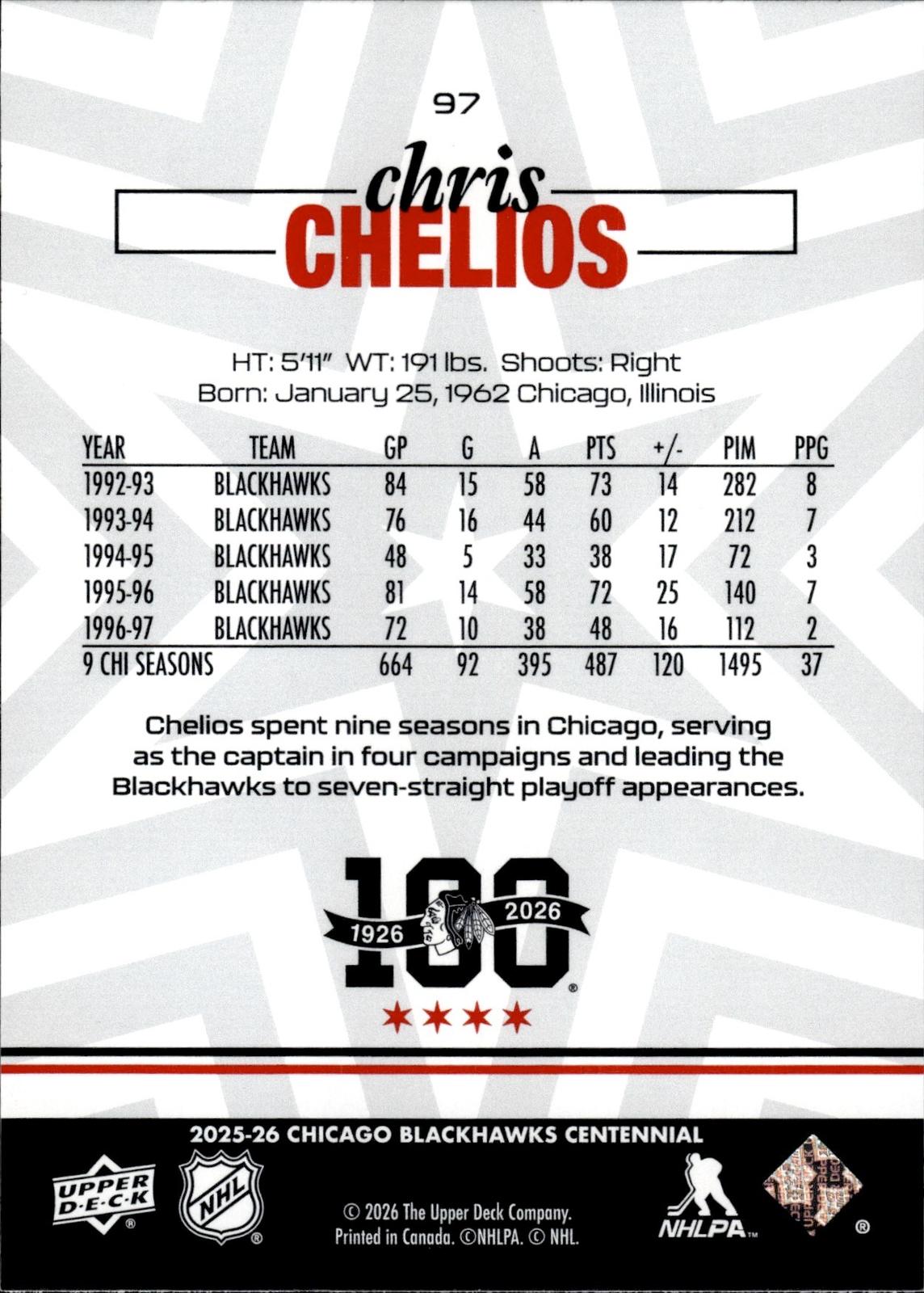 Chris Chelios 2025-26 Upper Deck Chicago Blackhawks Centennial #97 Blackhawks