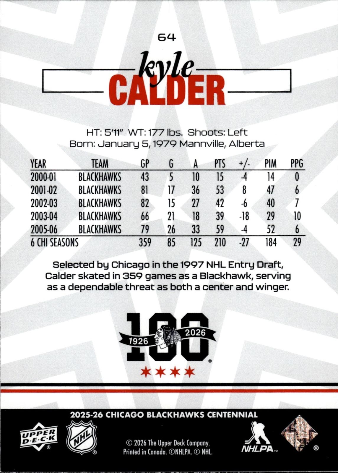 Kyle Calder 2025-26 Upper Deck Chicago Blackhawks Centennial #64 Blackhawks