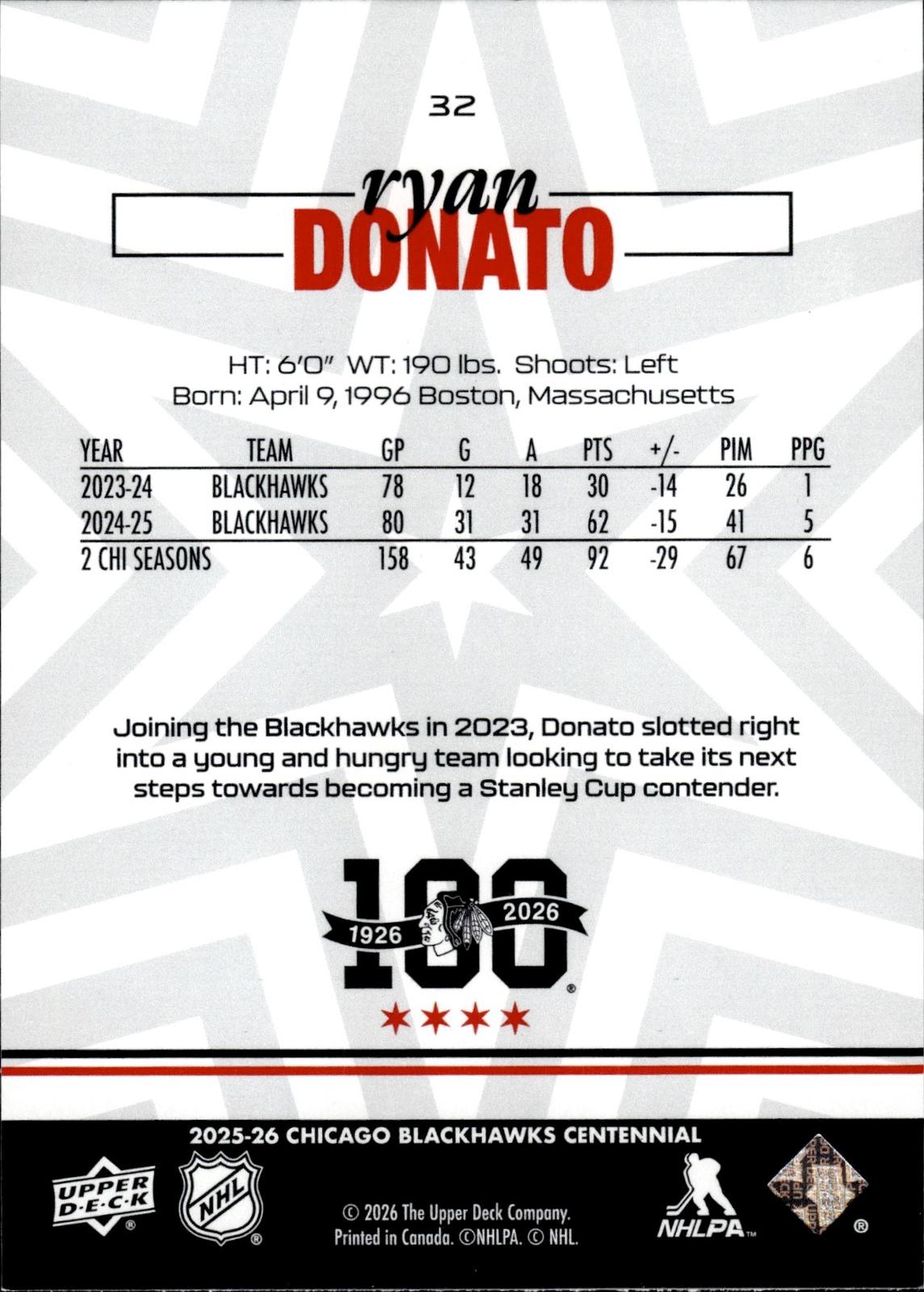 Ryan Donato 2025-26 Upper Deck Chicago Blackhawks Centennial #32 Blackhawks