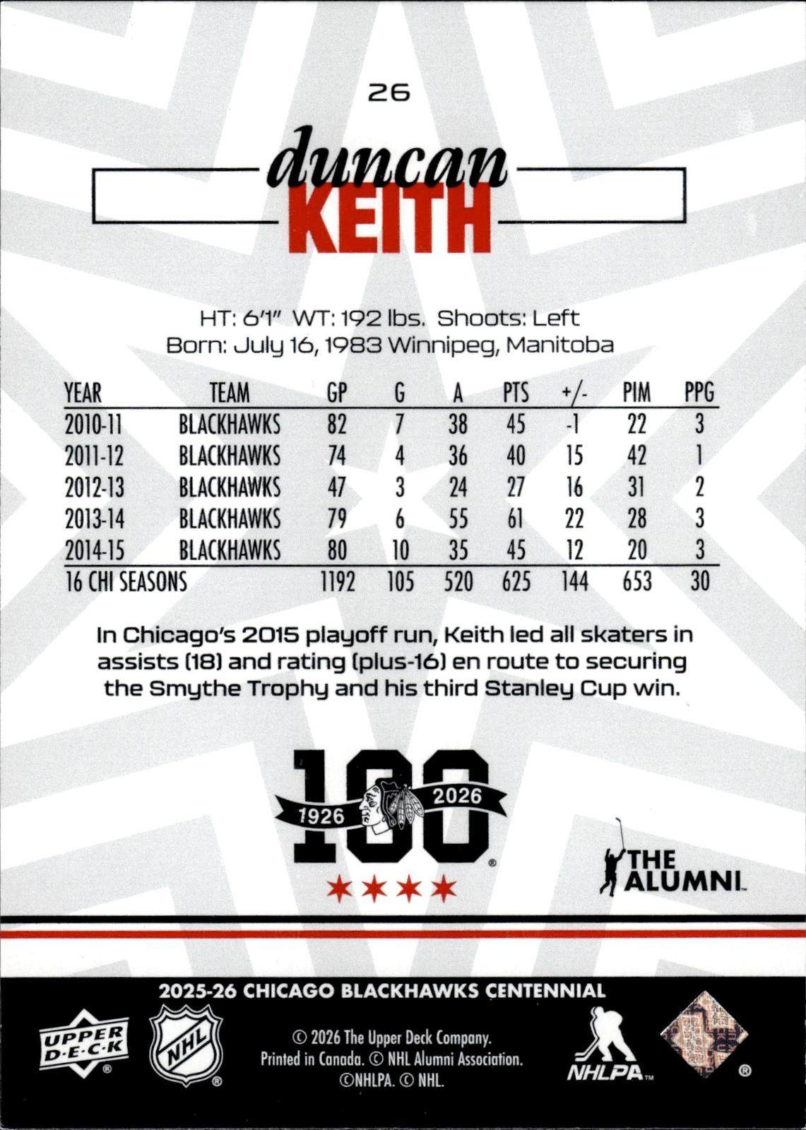 Duncan Keith 2025-26 Upper Deck Chicago Blackhawks Centennial #26 Blackhawks
