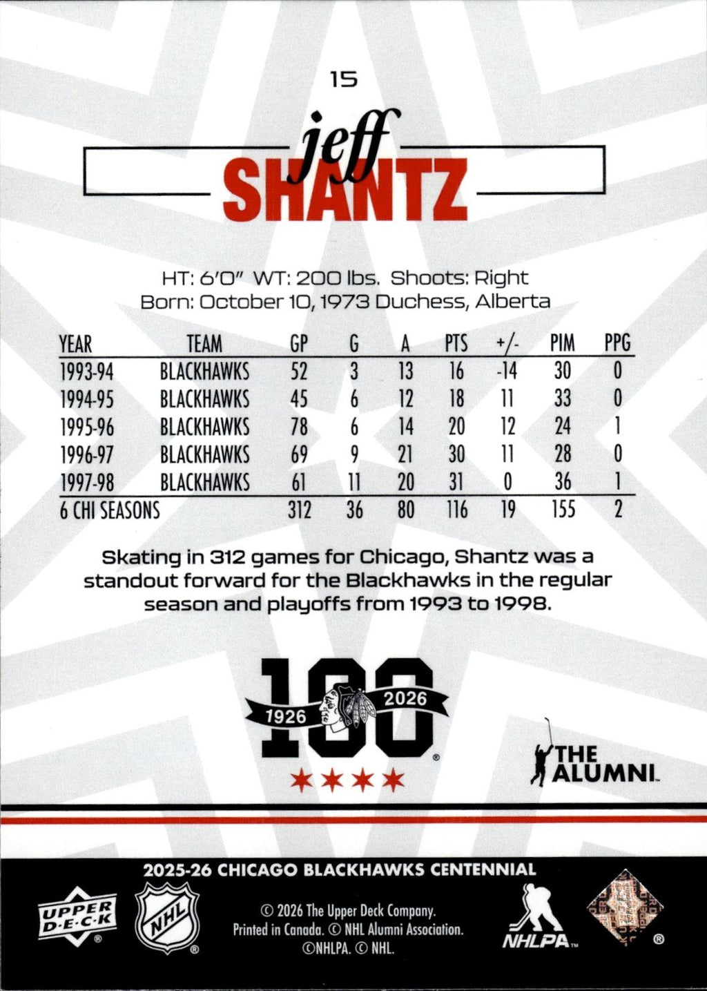 Jeff Shantz 2025-26 Upper Deck Chicago Blackhawks Centennial #15 Blackhawks