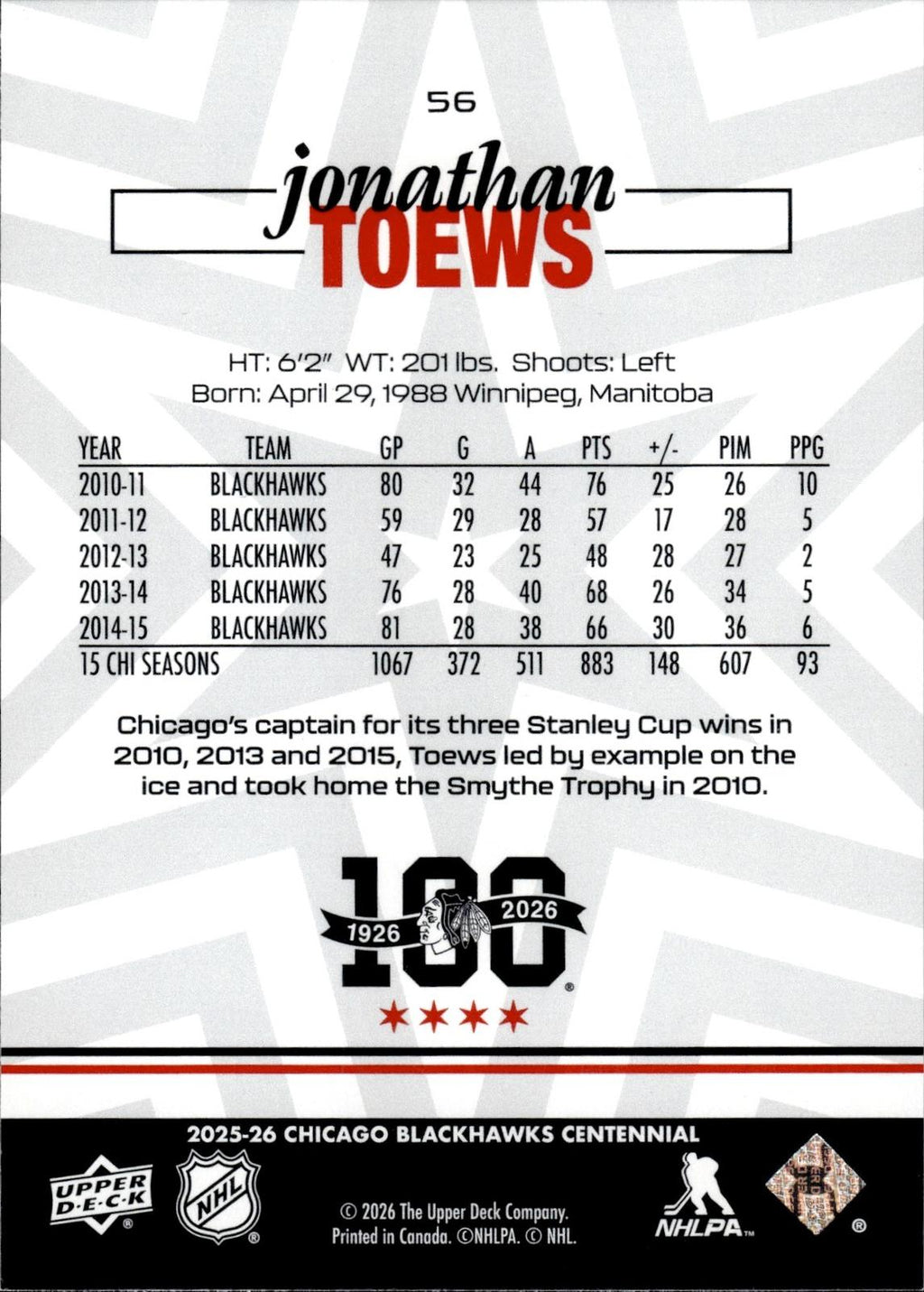 Jonathan Toews 2025-26 Upper Deck Chicago Blackhawks Centennial #56 Blackhawks