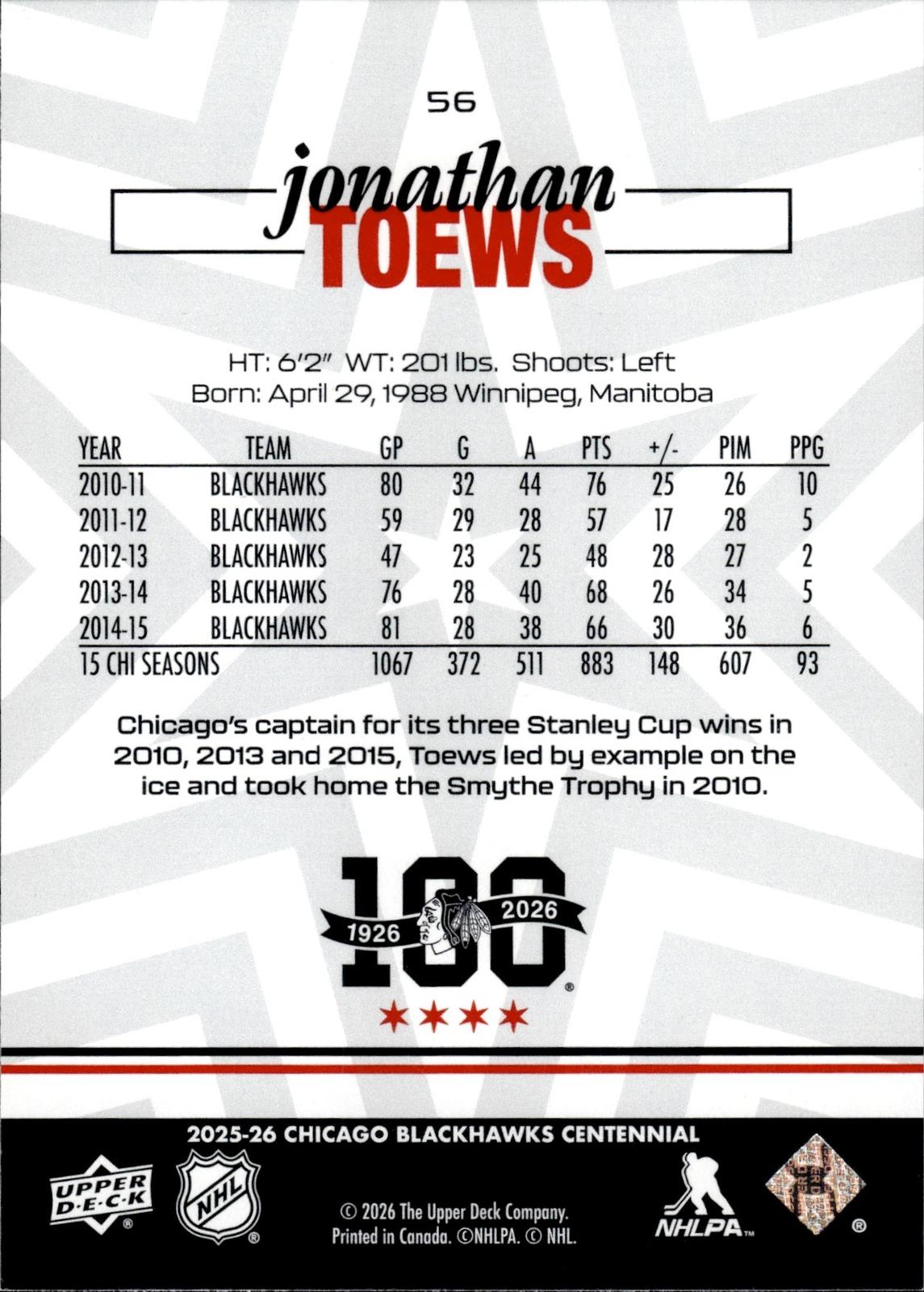 Jonathan Toews 2025-26 Upper Deck Chicago Blackhawks Centennial #56 Blackhawks