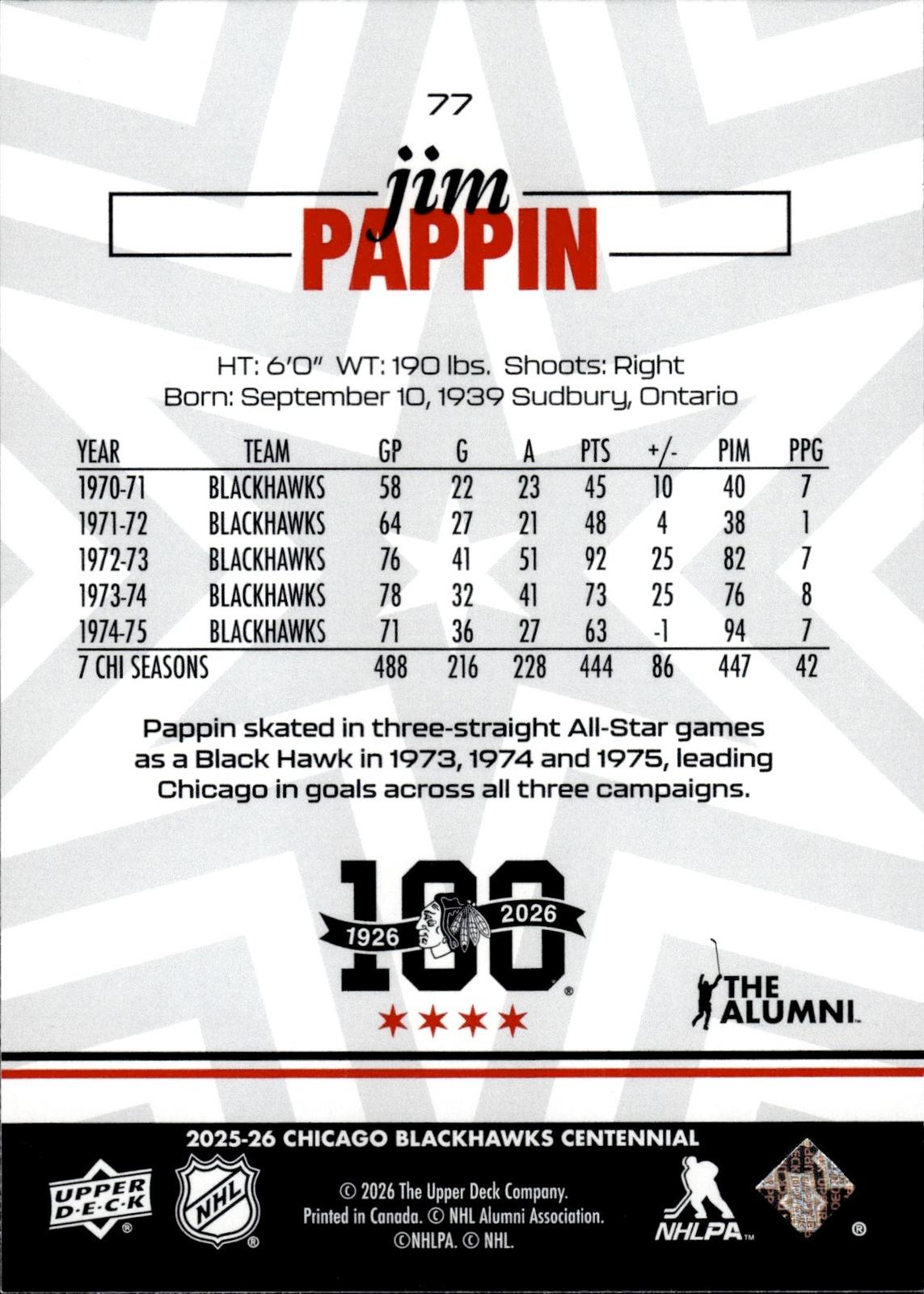 Jim Pappin 2025-26 Upper Deck Chicago Blackhawks Centennial #77 Blackhawks