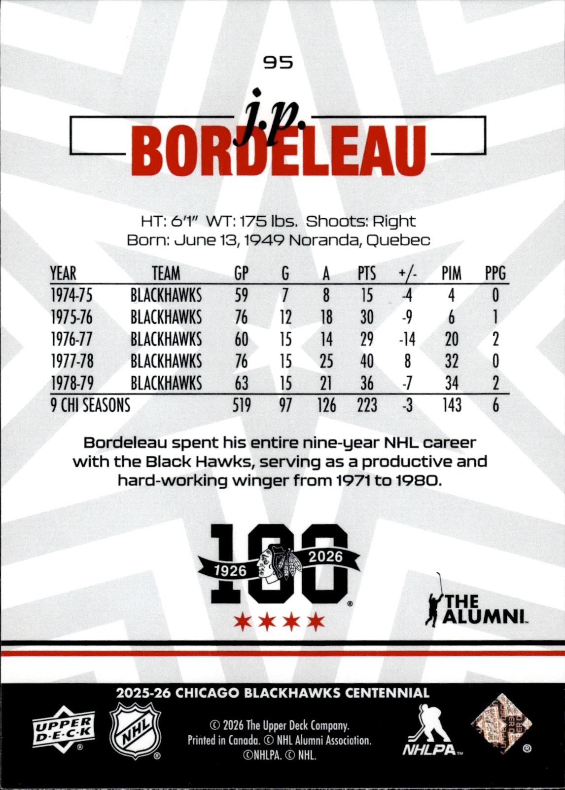 J.P. Bordeleau 2025-26 Upper Deck Chicago Blackhawks Centennial #95 Blackhawks