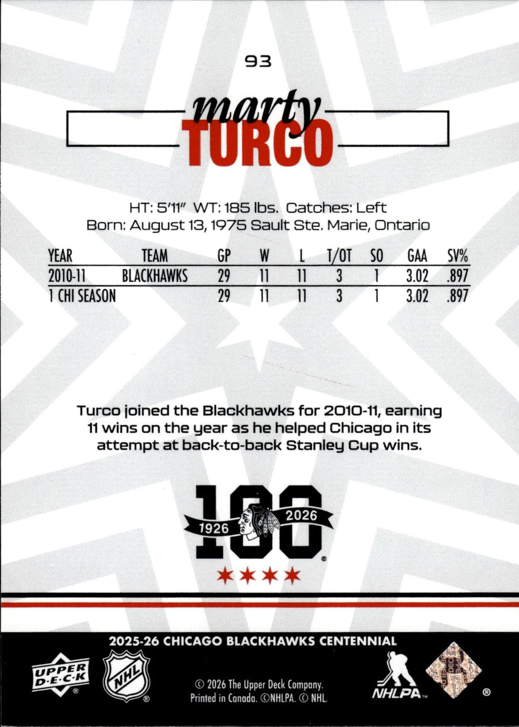 Marty Turco 2025-26 Upper Deck Chicago Blackhawks Centennial #93 Blackhawks