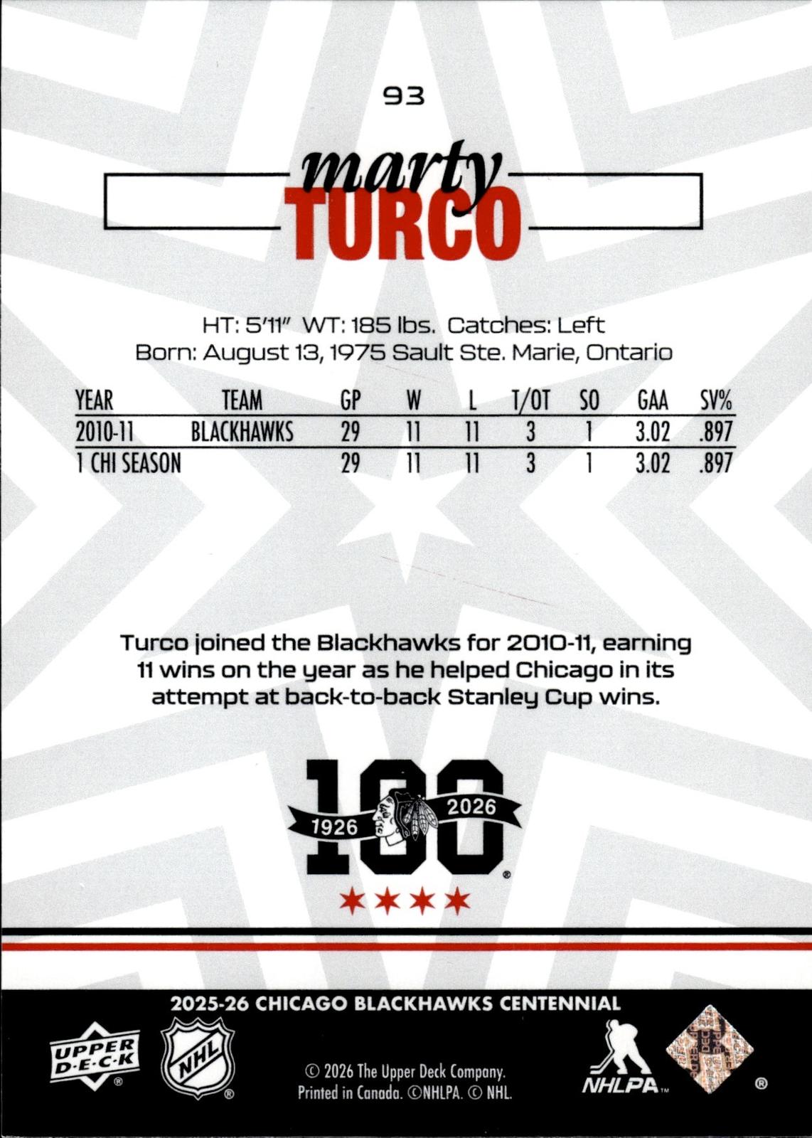 Marty Turco 2025-26 Upper Deck Chicago Blackhawks Centennial #93 Blackhawks