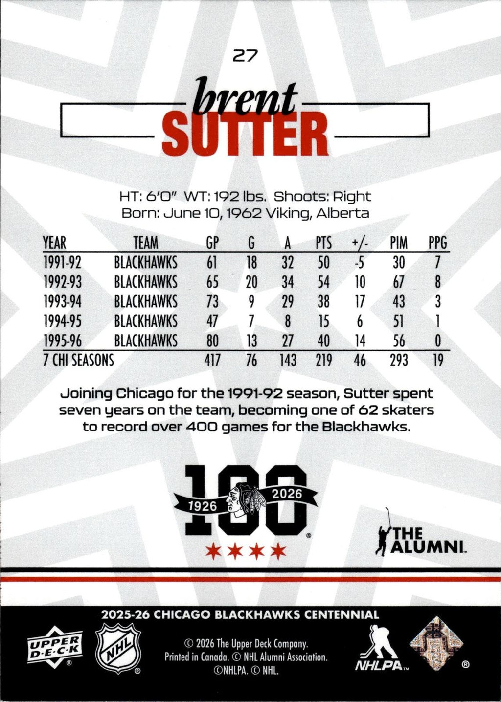 Brent Sutter 2025-26 Upper Deck Chicago Blackhawks Centennial #27 Blackhawks