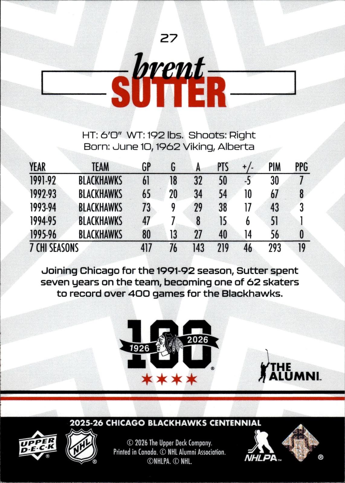 Brent Sutter 2025-26 Upper Deck Chicago Blackhawks Centennial #27 Blackhawks