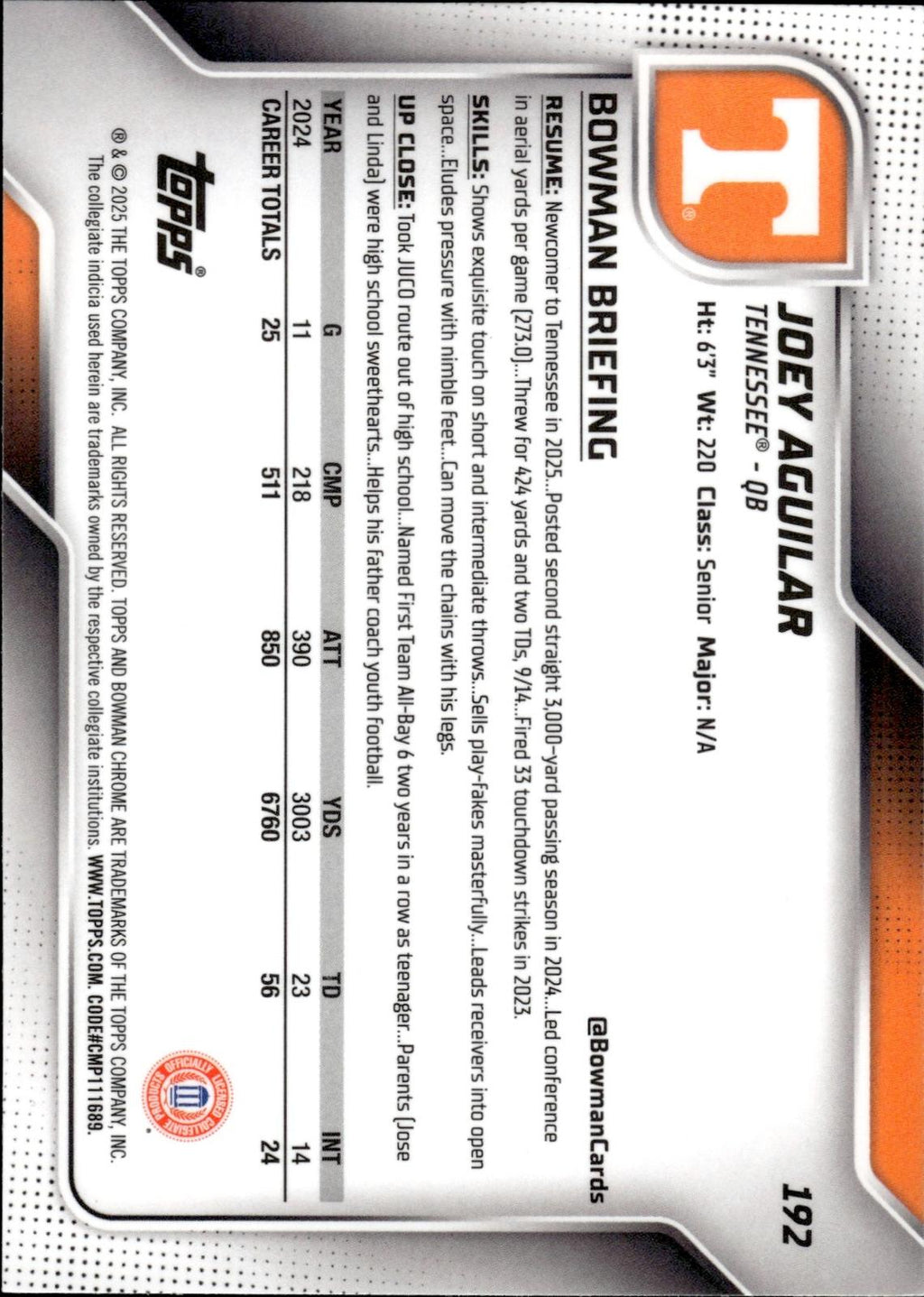 Joey Aguilar 2025 Bowman University Chrome #192 Pink Lava Refractor Volunteers